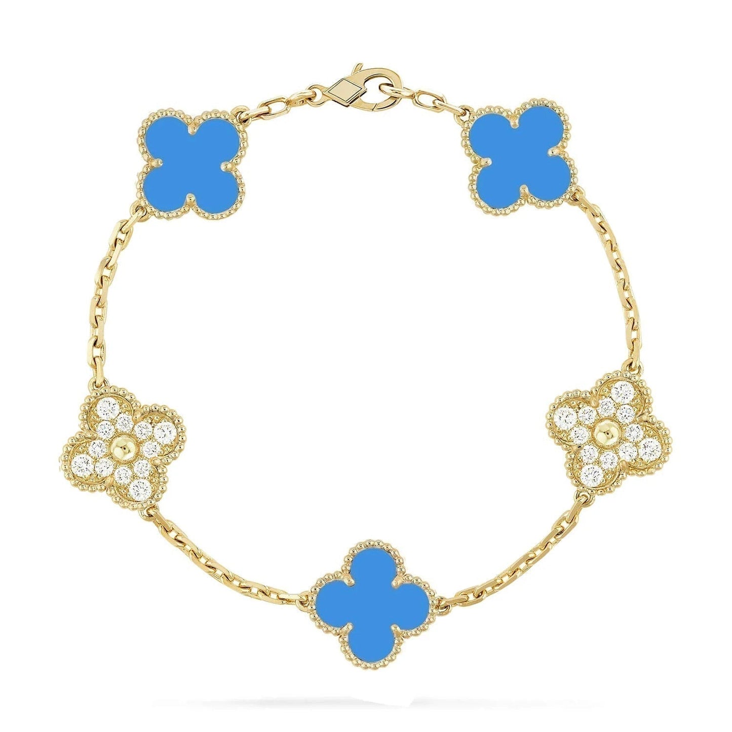 [AURORA]CLOVER 5 MOTIF BLUE CHALCEDONY DIAMOND GOLD BRACELET