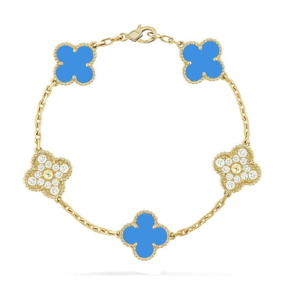 [AURORA]CLOVER 5 MOTIF BLUE CHALCEDONY DIAMOND GOLD BRACELET