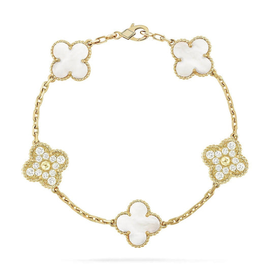 [AURORA]CLOVER BRACELET 5 MOTIF WHITE MOP DIAMOND