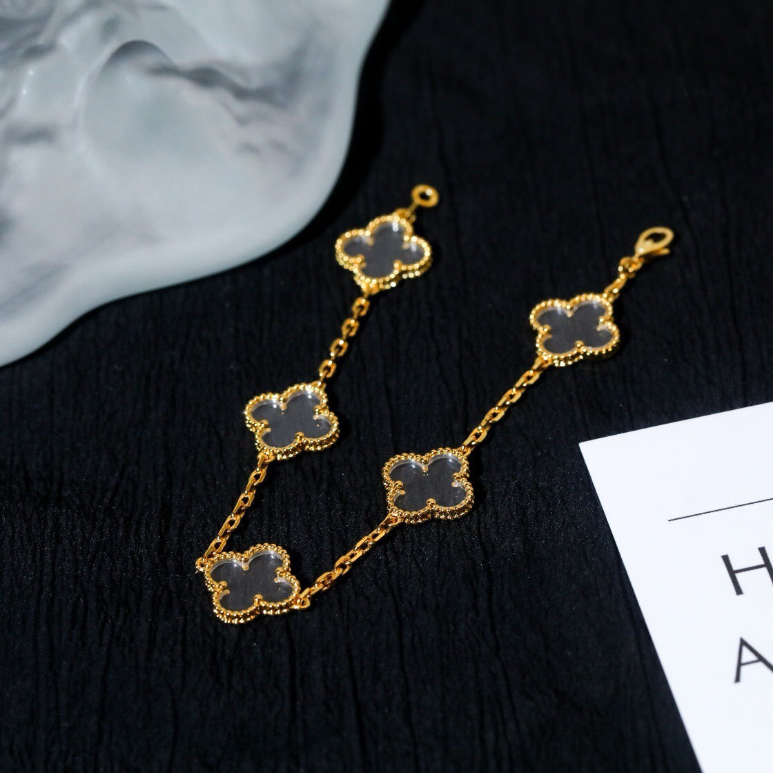 [AURORA]CLOVER 5 MOTIF ROCK CRYSTAL PINK GOLD BRACELET