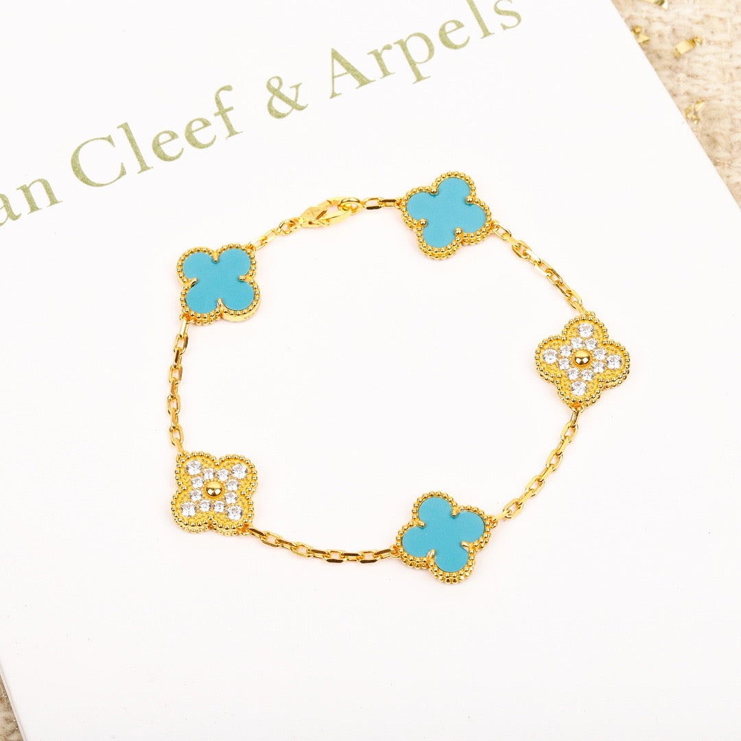 [AURORA]CLOVER 5 MOTIF TURQUOISE DIAMOND GOLD BRACELET