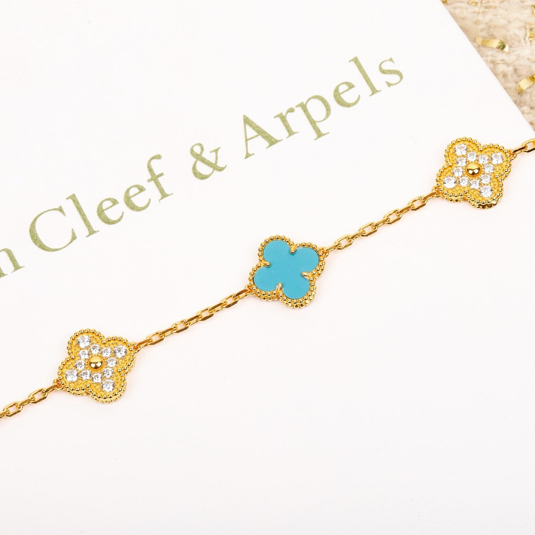 [AURORA]CLOVER 5 MOTIF TURQUOISE DIAMOND GOLD BRACELET