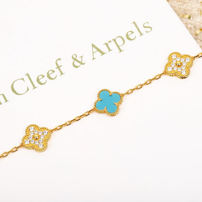 [AURORA]CLOVER 5 MOTIF TURQUOISE DIAMOND GOLD BRACELET
