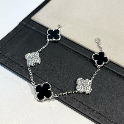 [AURORA]CLOVER 5 MOTIF ONYXS DIAMOND BRACELET SILVER