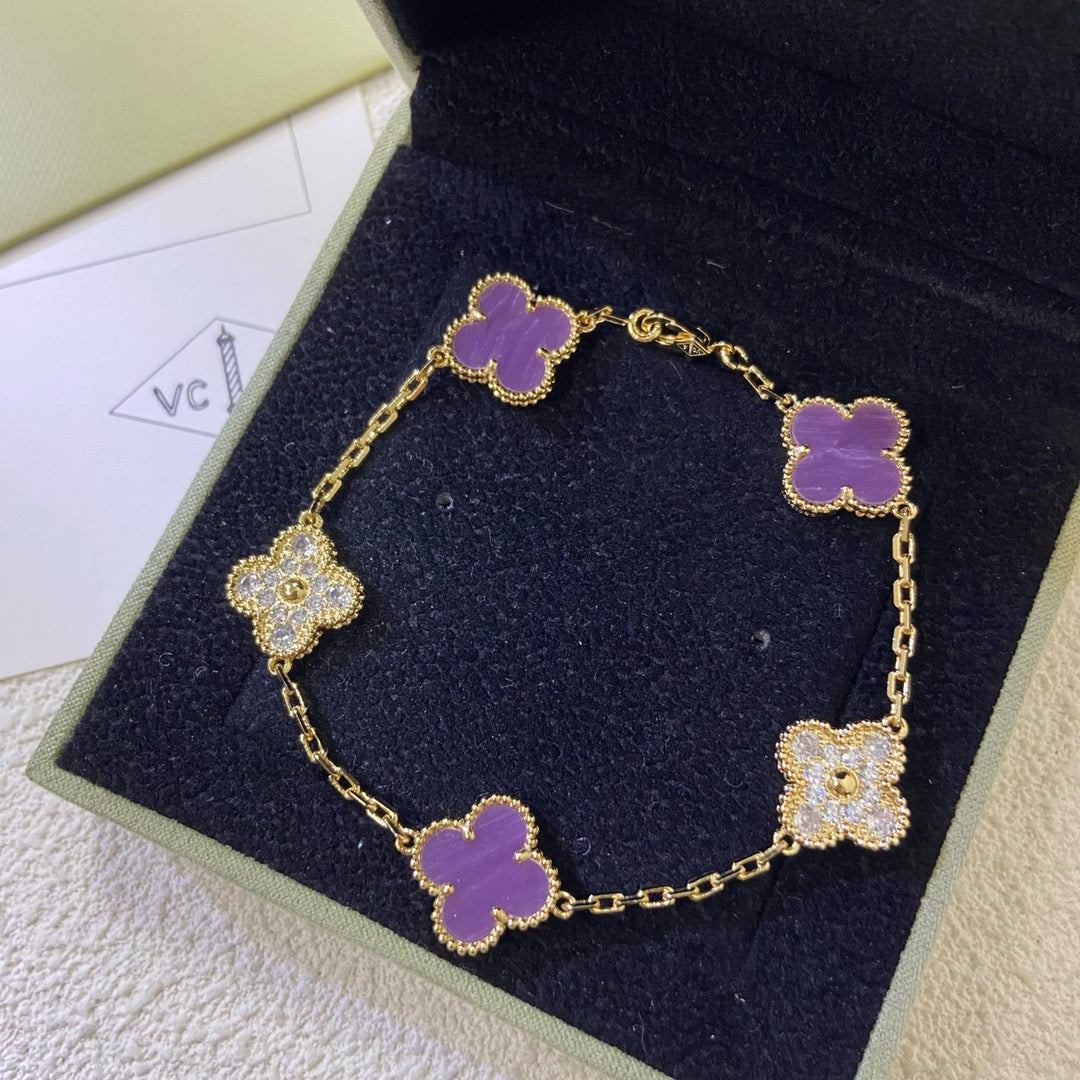 [AURORA]CLOVER  5 MOTIFS  PURPLE VIOLET DIAMOND BRACELET