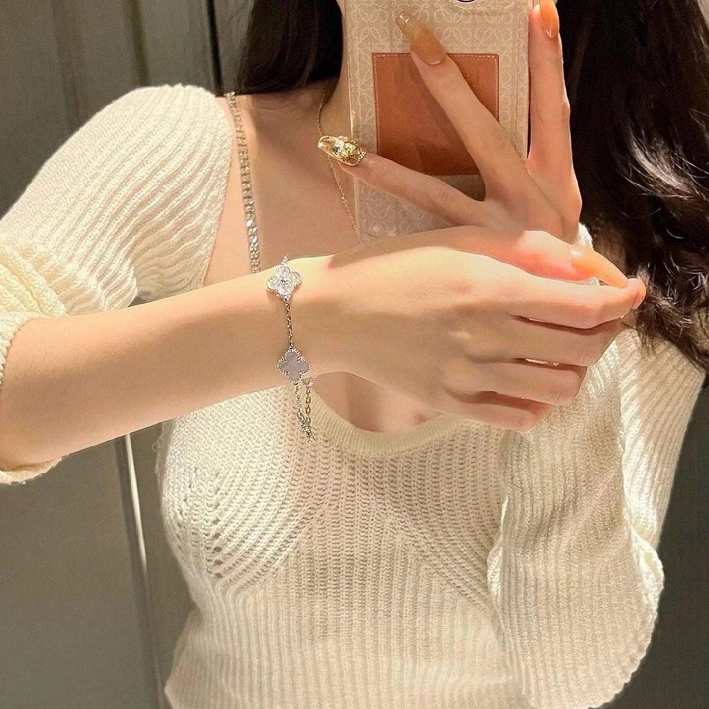 [AURORA]CLOVER  5 MOTIF DIAMOND PURPLE CHALCEDONY BRACELET SILVER