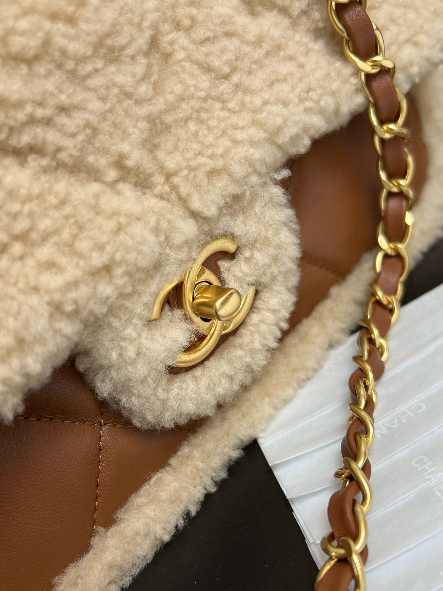 CC 24K TEDDY WOOL BAG LAMBSKIN IN BROWN