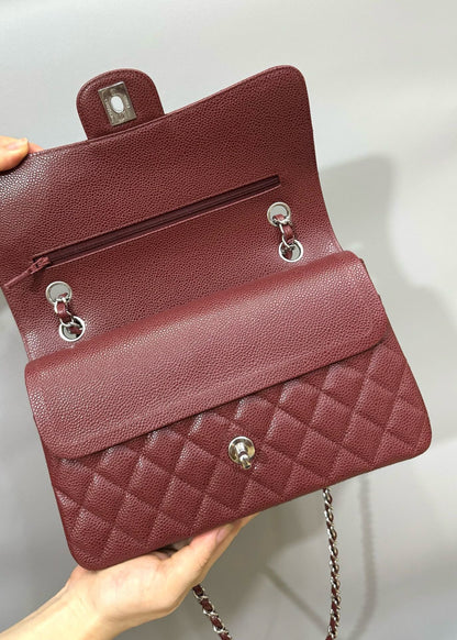 FLAP BAG 25 IN WINE CAVIAR LAMBSKIN SILVER HARDWARE