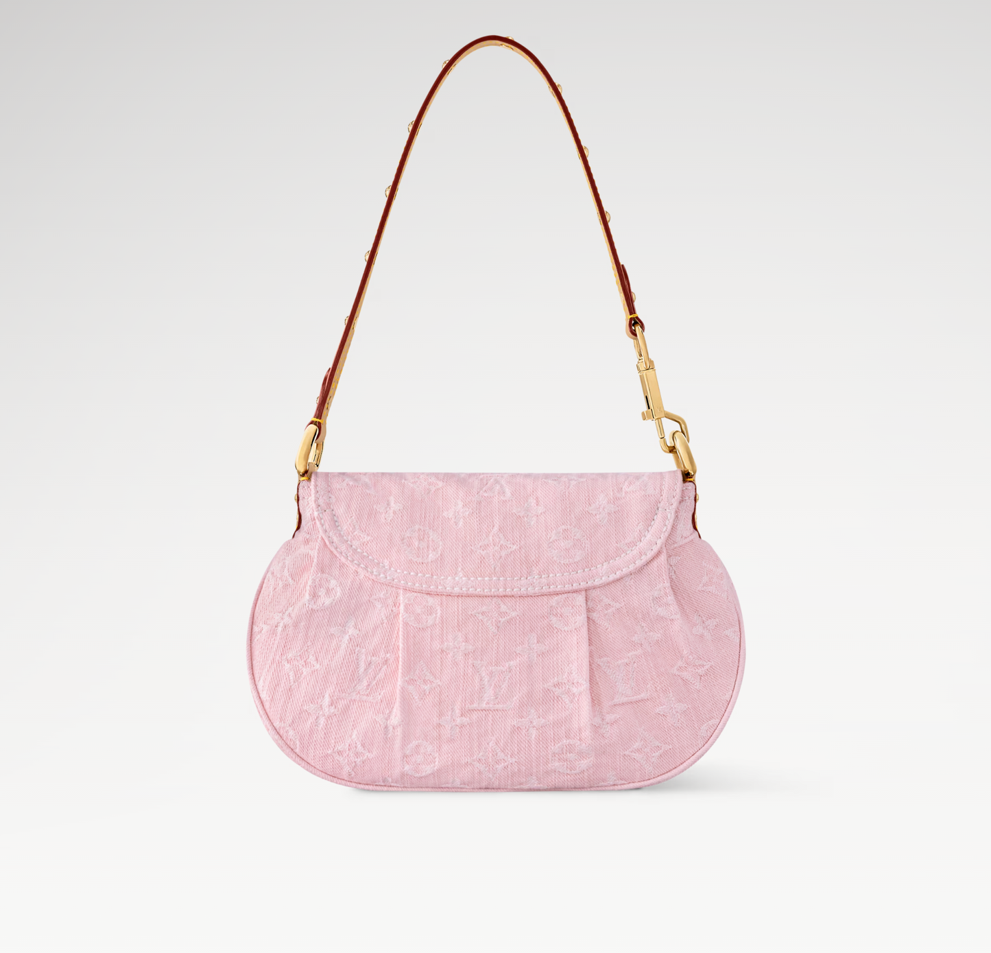 SUNSET 27 IN WASHED PINK MONOGRAM DENIM GOLD BUCKLE