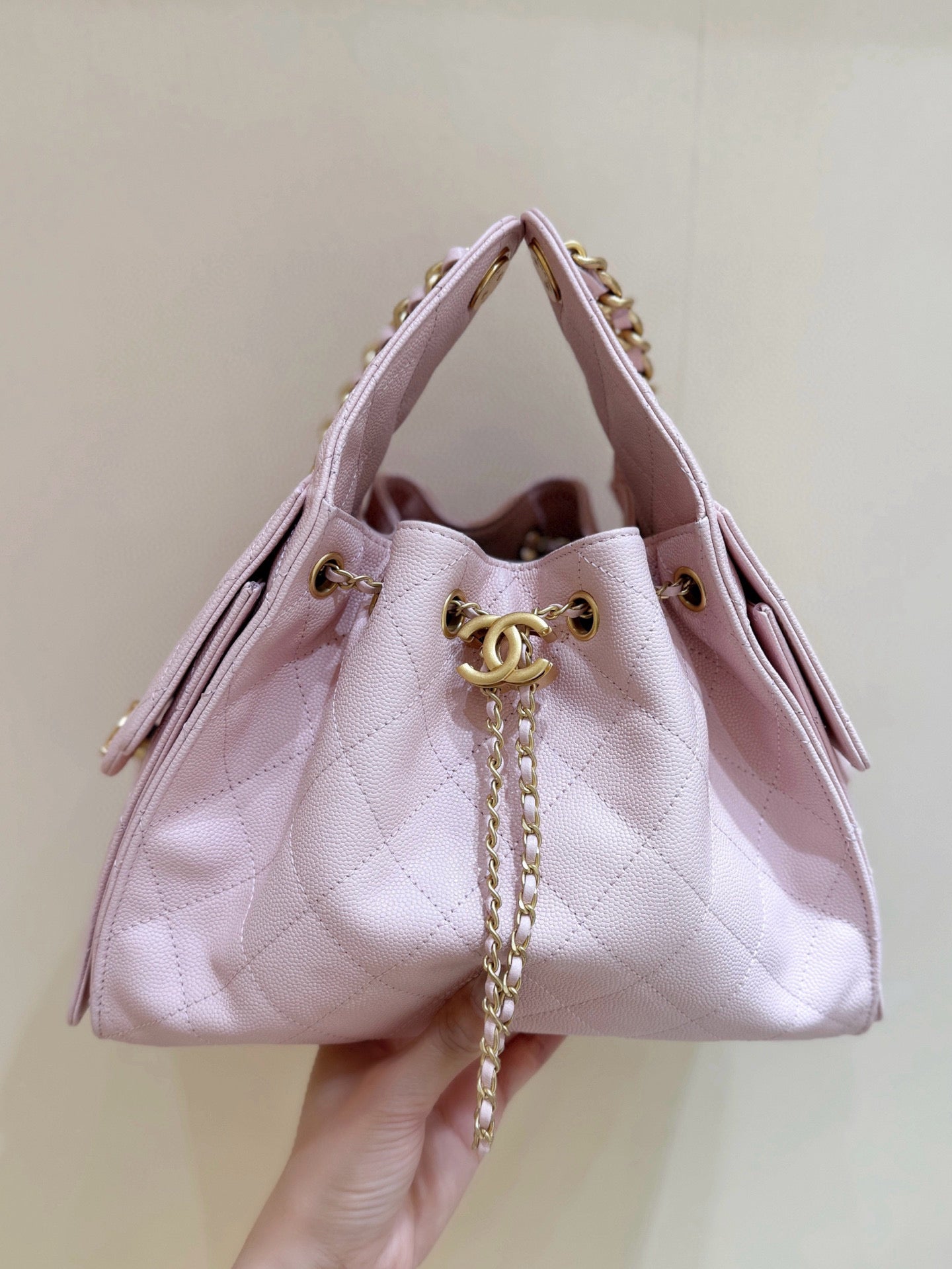 CHANEL 25 MEDIUM HANDBAG IN PASTEL PINK CALFSKIN WITH GOLD HARDWARE