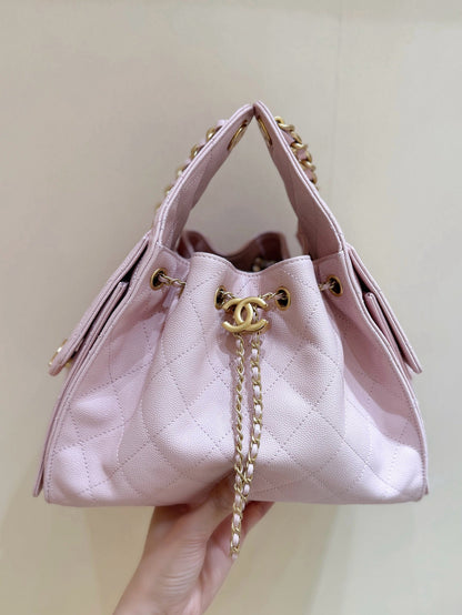 CHANEL 25 MEDIUM HANDBAG IN PASTEL PINK CALFSKIN WITH GOLD HARDWARE