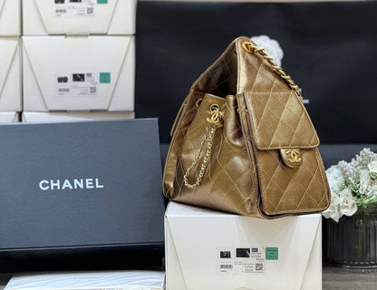 CHANEL 25 MEDIUM HANDBAG IN GOLDEN BROWN CALFSKIN WITH GOLD HARDWARE