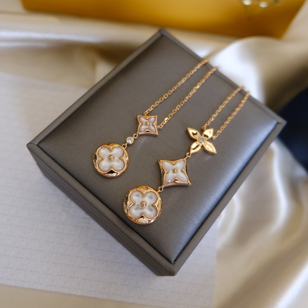 [AURORA]COLOR BLOSSOM LARIAT NECKLACE PINK GOLD WHITE MOTHER PEARL AND DIAMOND