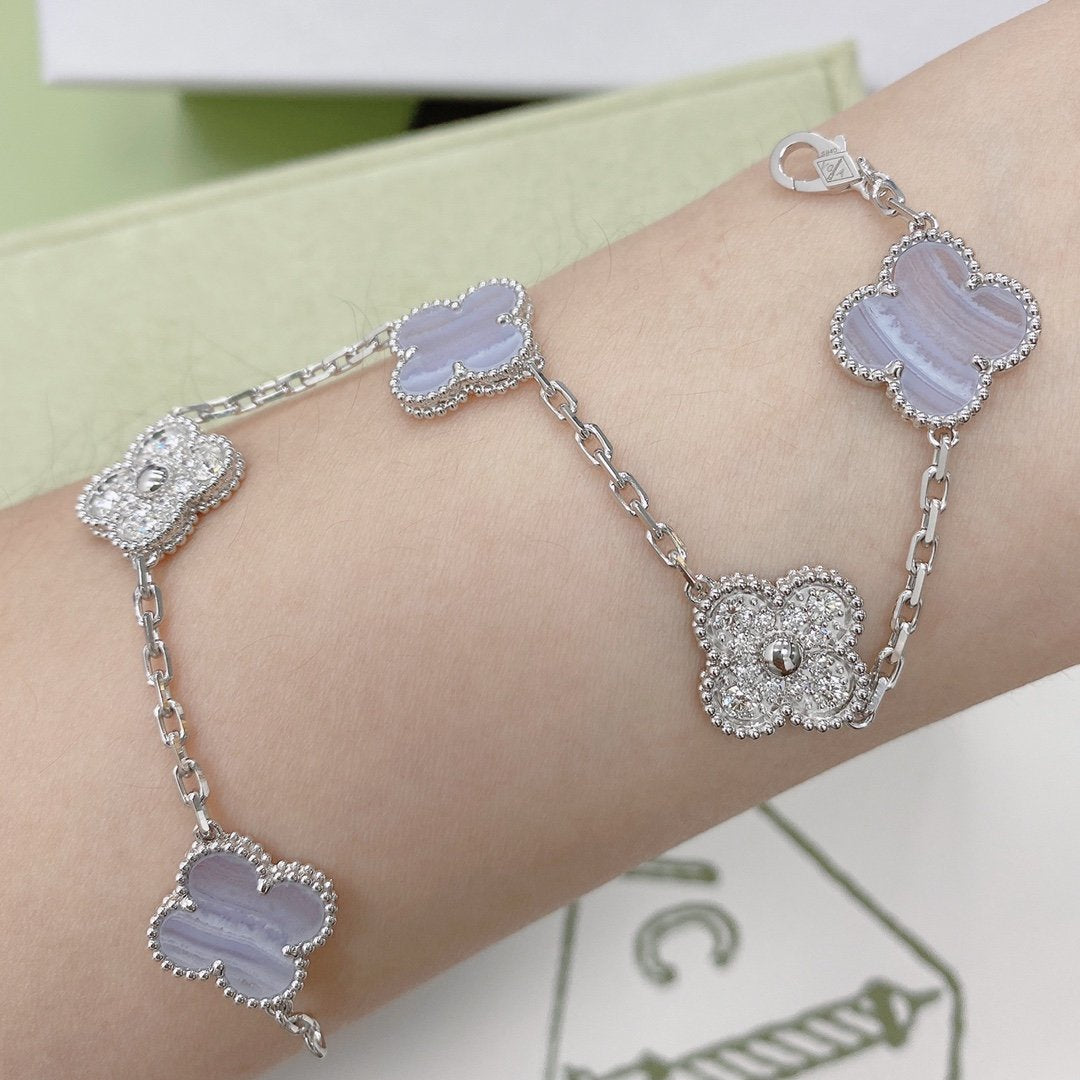 [AURORA]CLOVER  5 MOTIF DIAMOND PURPLE CHALCEDONY BRACELET SILVER