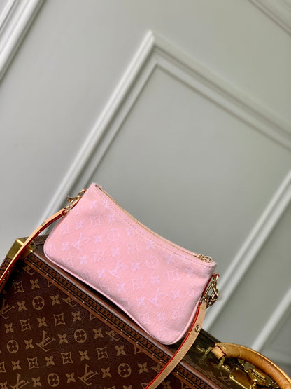 LIV POCHETTE BAG 24 IN PINK MONOGRAM DENIM GOLD HARDWARE