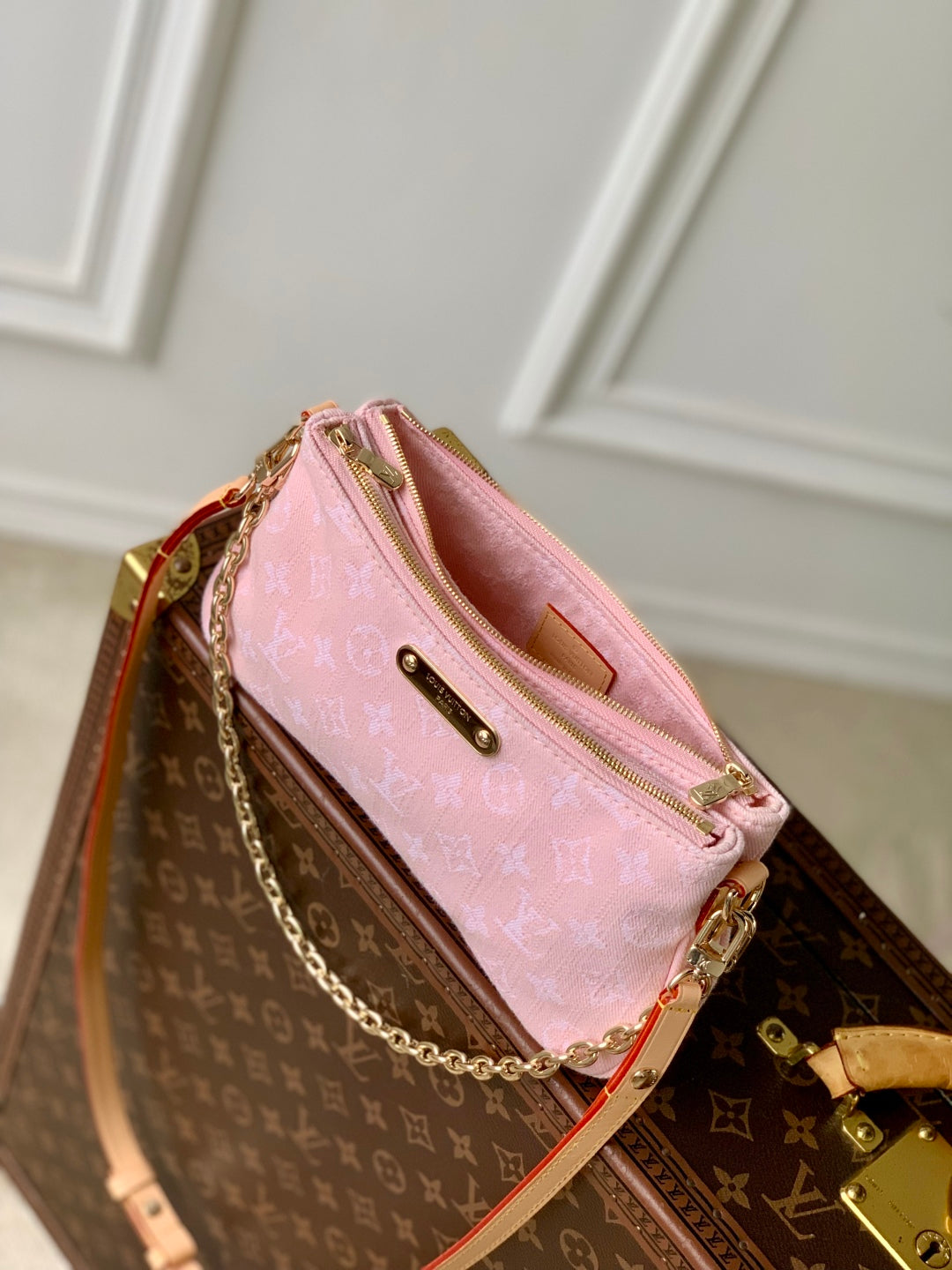 LIV POCHETTE BAG 24 IN PINK MONOGRAM DENIM GOLD HARDWARE