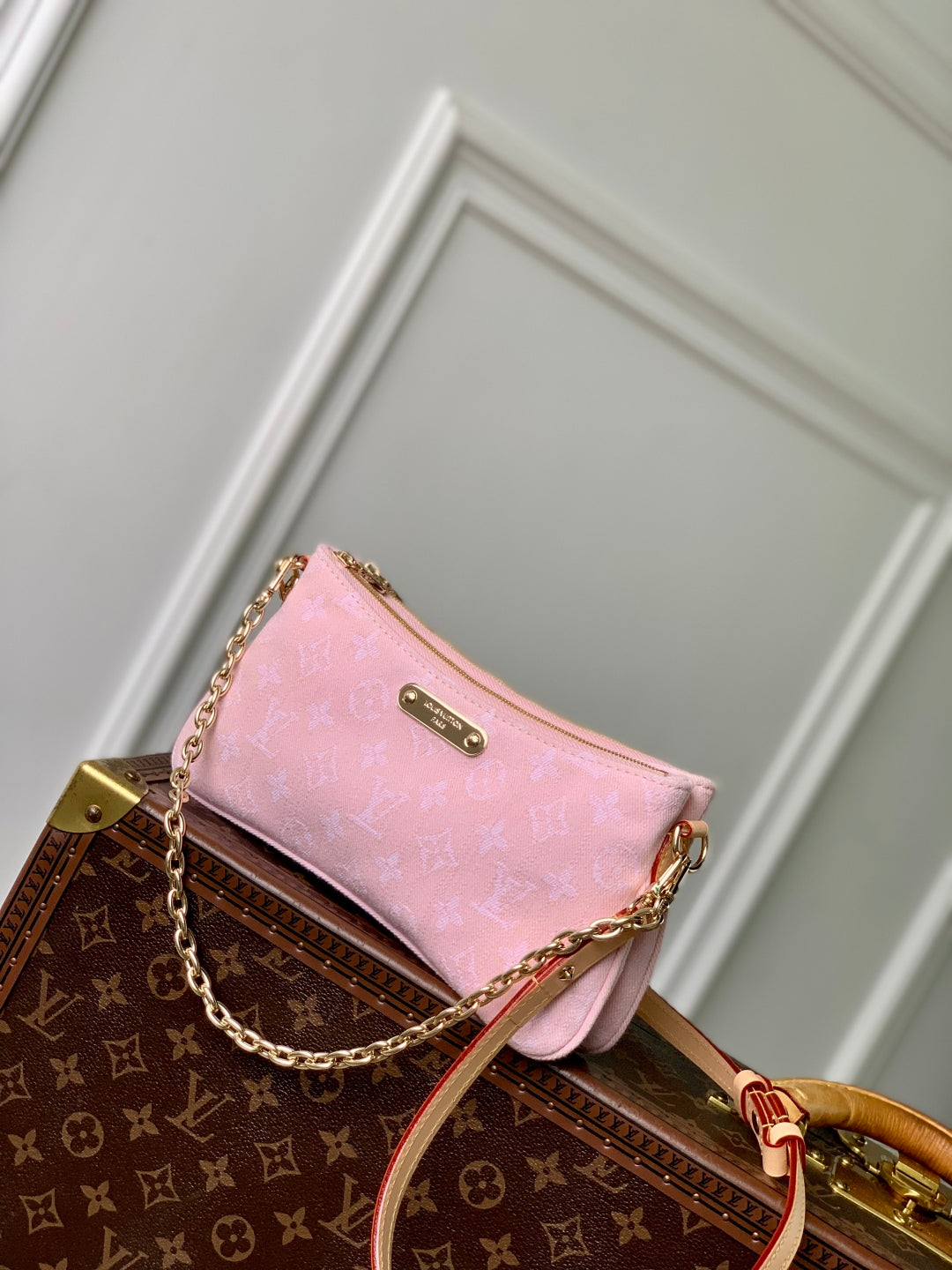 LIV POCHETTE BAG 24 IN PINK MONOGRAM DENIM GOLD HARDWARE