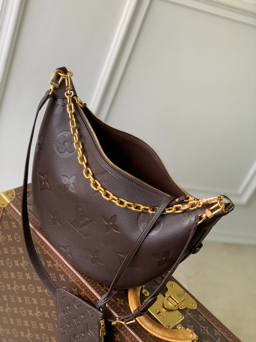 LOOP HOBO 38 IN DARK BROWN MONOGRAM EMPREINTE CALFSKIN EMBOSSED LOGO
