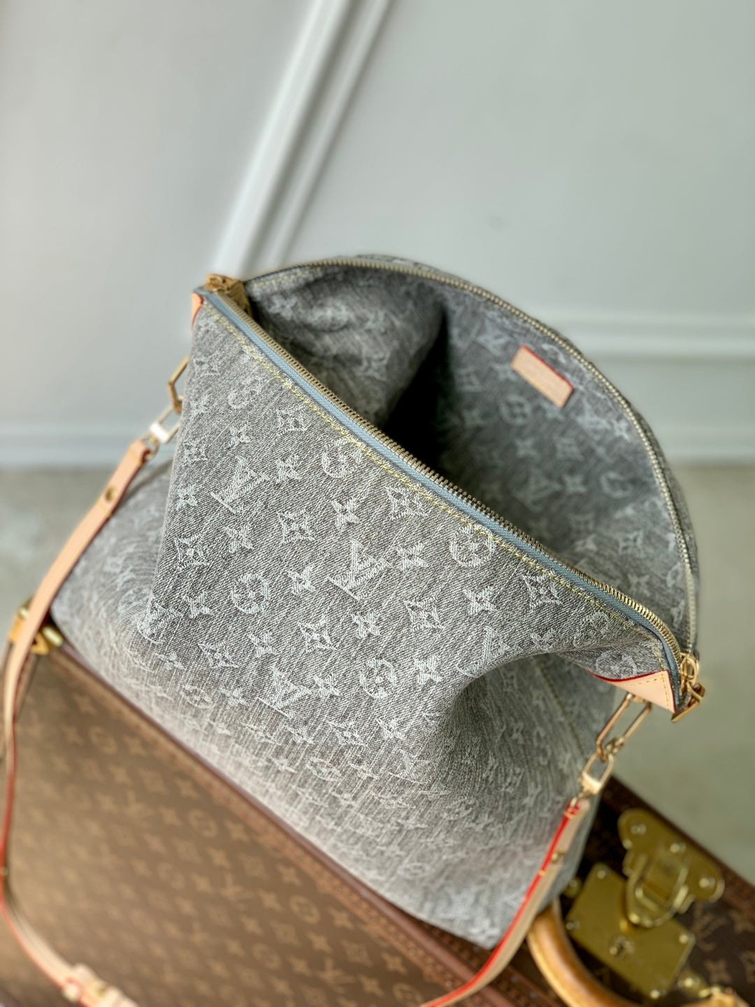 COUSSIN HOBO MM 38 IN GREY MONOGRAM DENIM