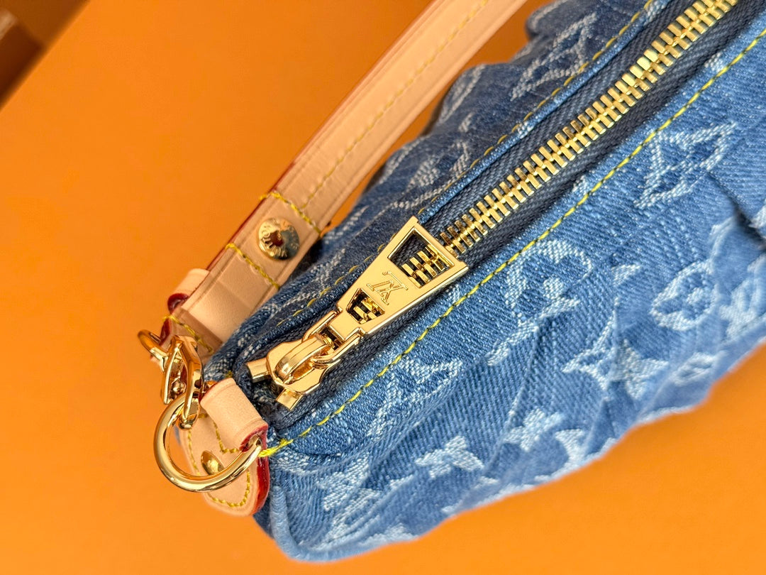 LV 25S POCHETTE VALLEY 21 IN BLUE DENIM MONOGRAM LEATHER TRIM GOLD HARDWARE