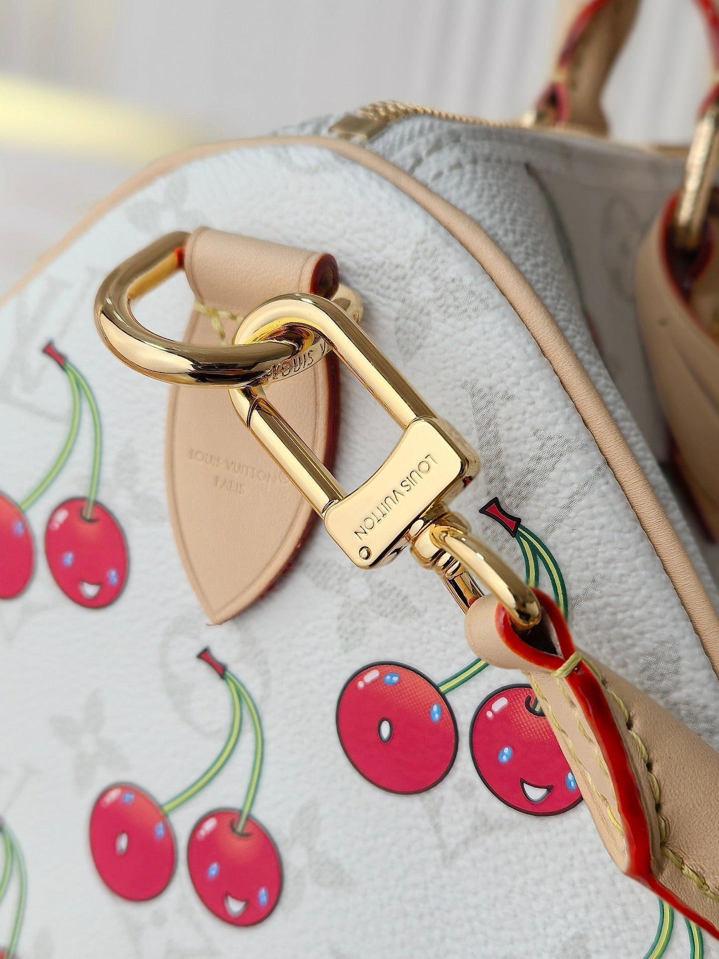 LV 25S SPEEDY SOFT 30 IN WHITE CANVAS MONOGRAM CHERRY PRINT GOLD HARDWARE