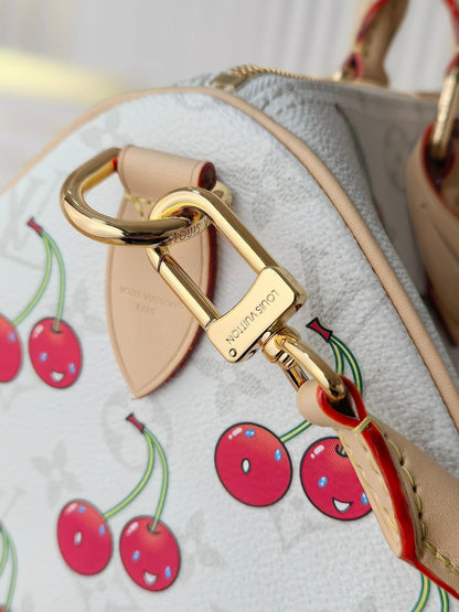 LV 25S SPEEDY SOFT 30 IN WHITE CANVAS MONOGRAM CHERRY PRINT GOLD HARDWARE