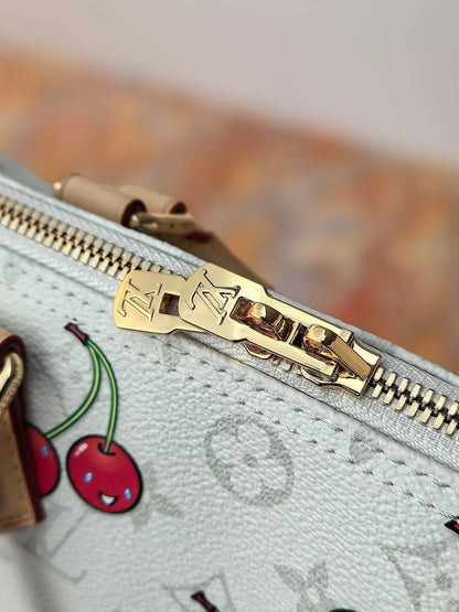 LV 25S SPEEDY SOFT 30 IN WHITE CANVAS MONOGRAM CHERRY PRINT GOLD HARDWARE