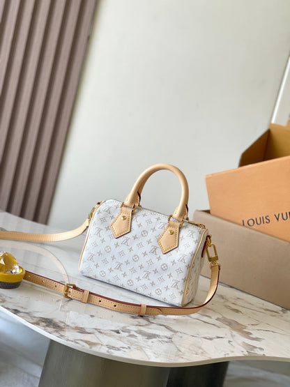 SPEEDY BANDOULIÈRE 20 IN WHITE MONOGRAM JACQUARD AND BEIGE CALFSKIN TRIM