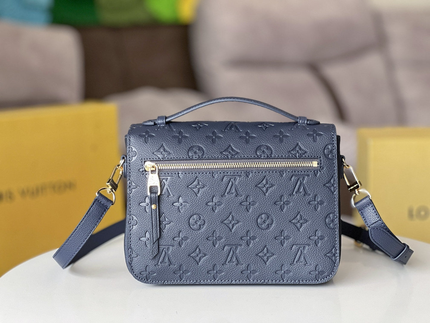 LV 25S POCHETTE METIS 25 IN DARK BLUE MONOGRAM COATED CANVAS GOLD HARDWARE