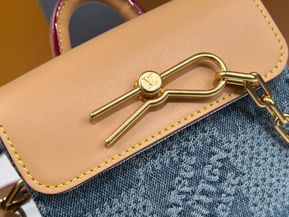 LV 25S NANO STEAMER 18 IN BLUE COTTON DENIM CALFSKIN TRIM GOLD HARDWARE