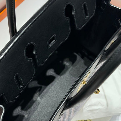 QUADRILLE BIRKIN 30CM IN BLACK SWIFT CALFSKIN WHITE BLUE PINK PLAID TOILE CANVAS