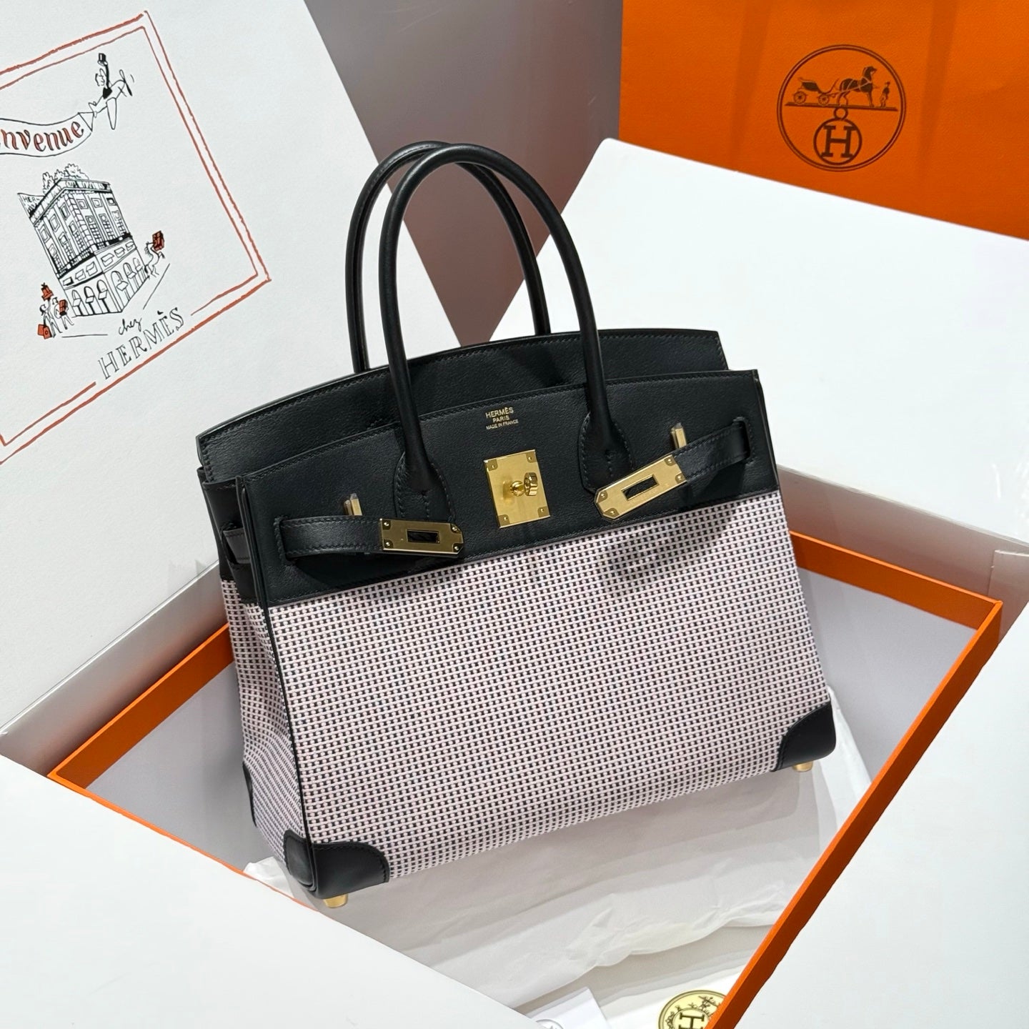 QUADRILLE BIRKIN 30CM IN BLACK SWIFT CALFSKIN WHITE BLUE PINK PLAID TOILE CANVAS