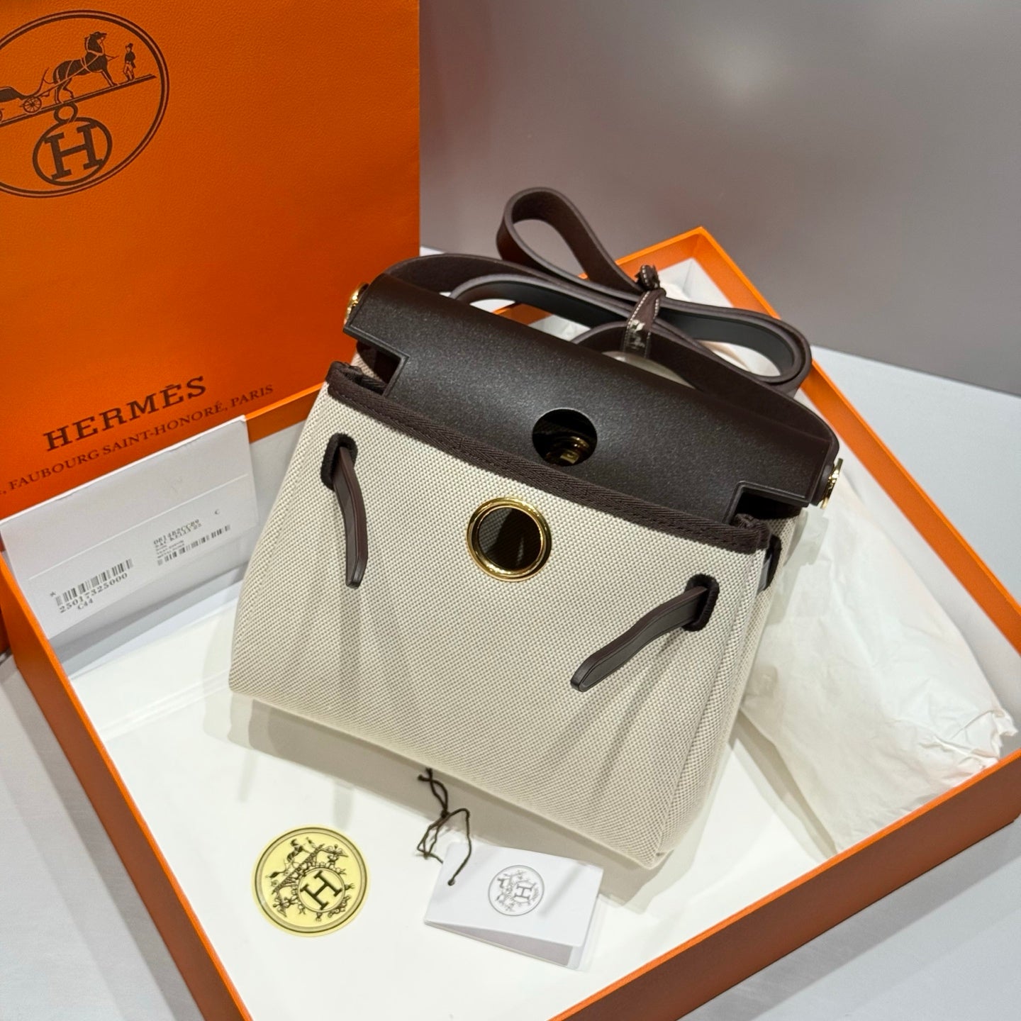 HERMES 25S MINI HERBAG 20 IN OFF WHITE AND BLACK CANVAS GOLD HARDWARE