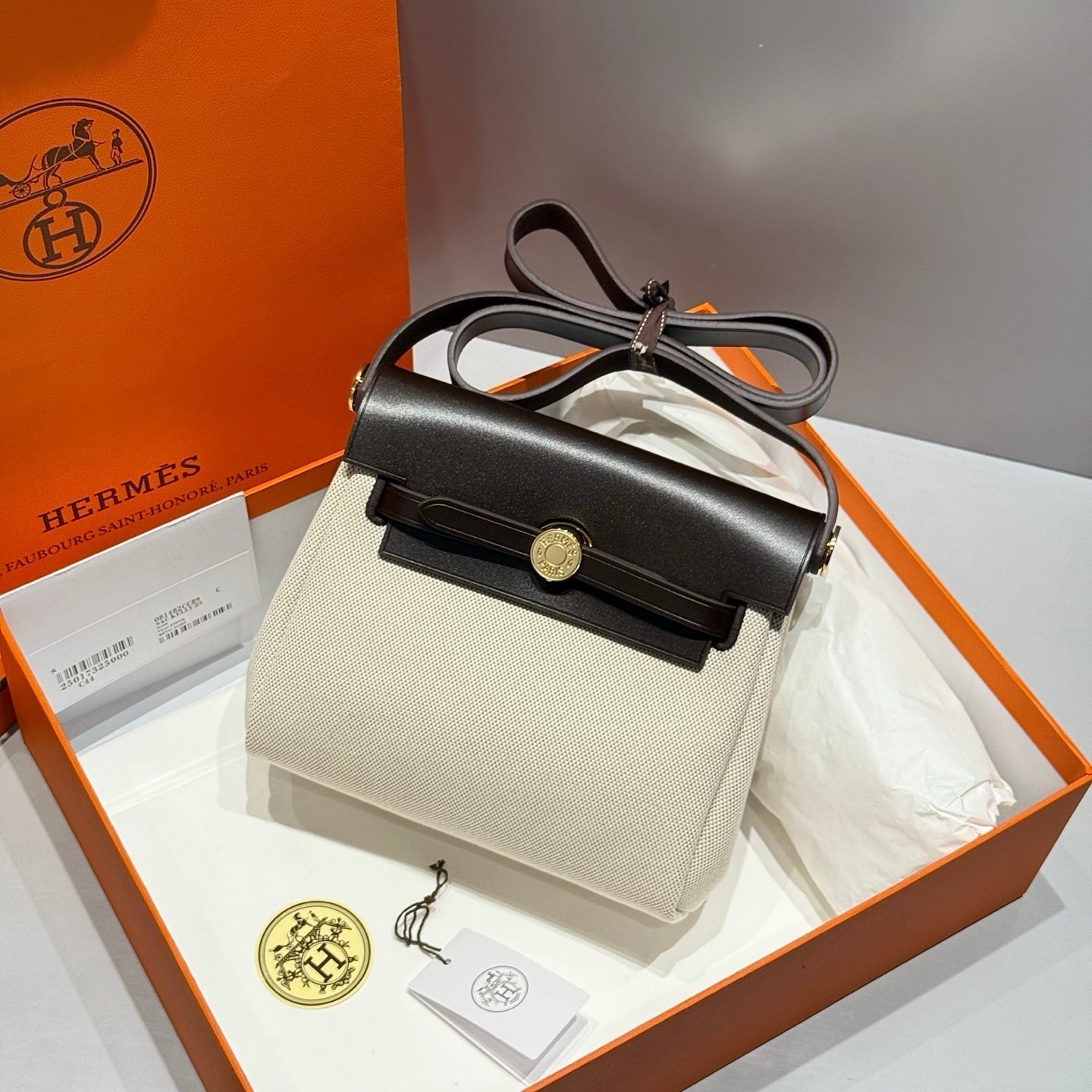 HERMES 25S MINI HERBAG 20 IN OFF WHITE AND BLACK CANVAS GOLD HARDWARE