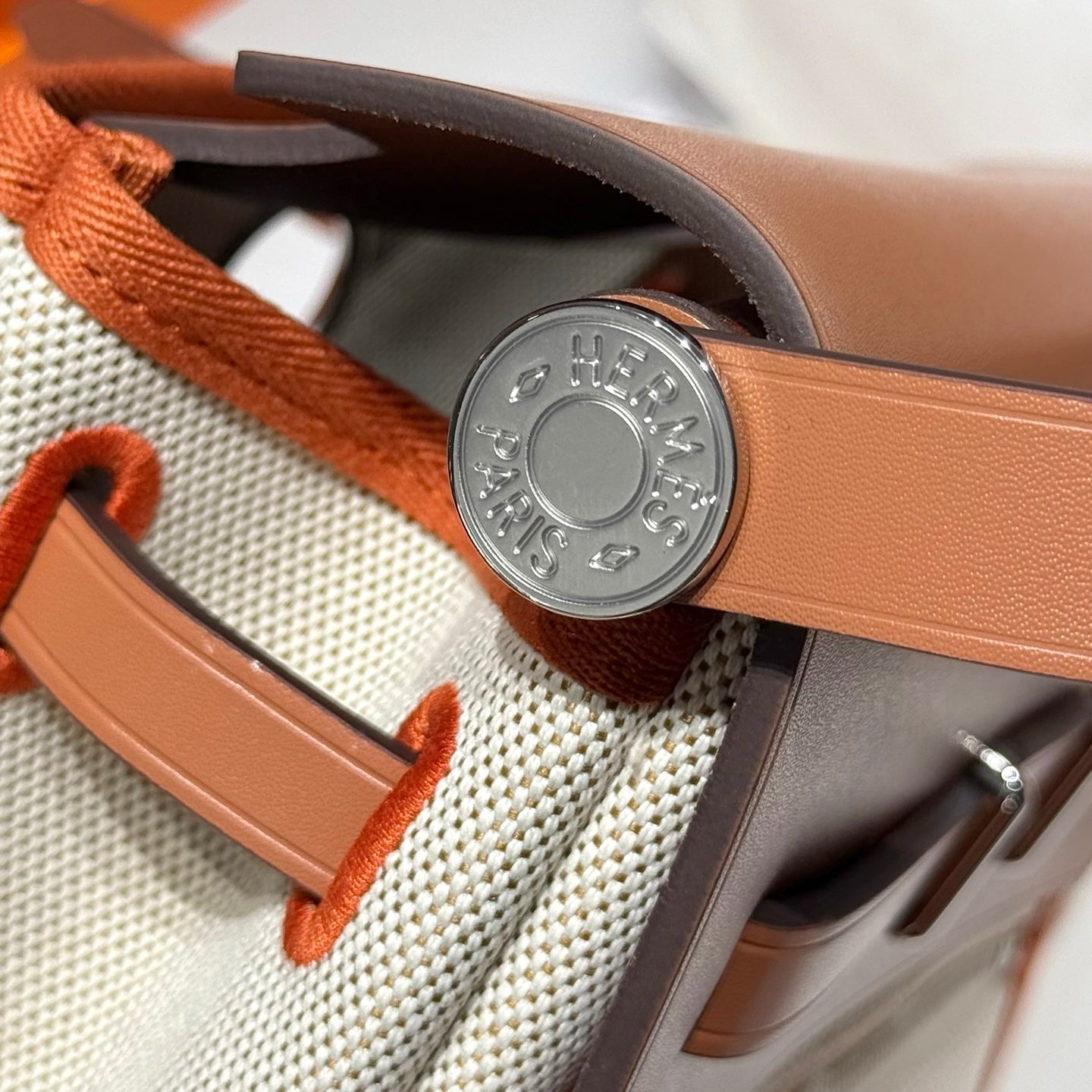 HERMES 25S MINI HERBAG 20 IN BEIGE AND BROWN CANVAS SILVER HARDWARE