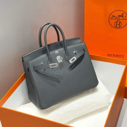 HERMES 25S MEDIUM BIRKIN 25 IN CHARCOAL GRAY CALFSKIN SILVER HARDWARE