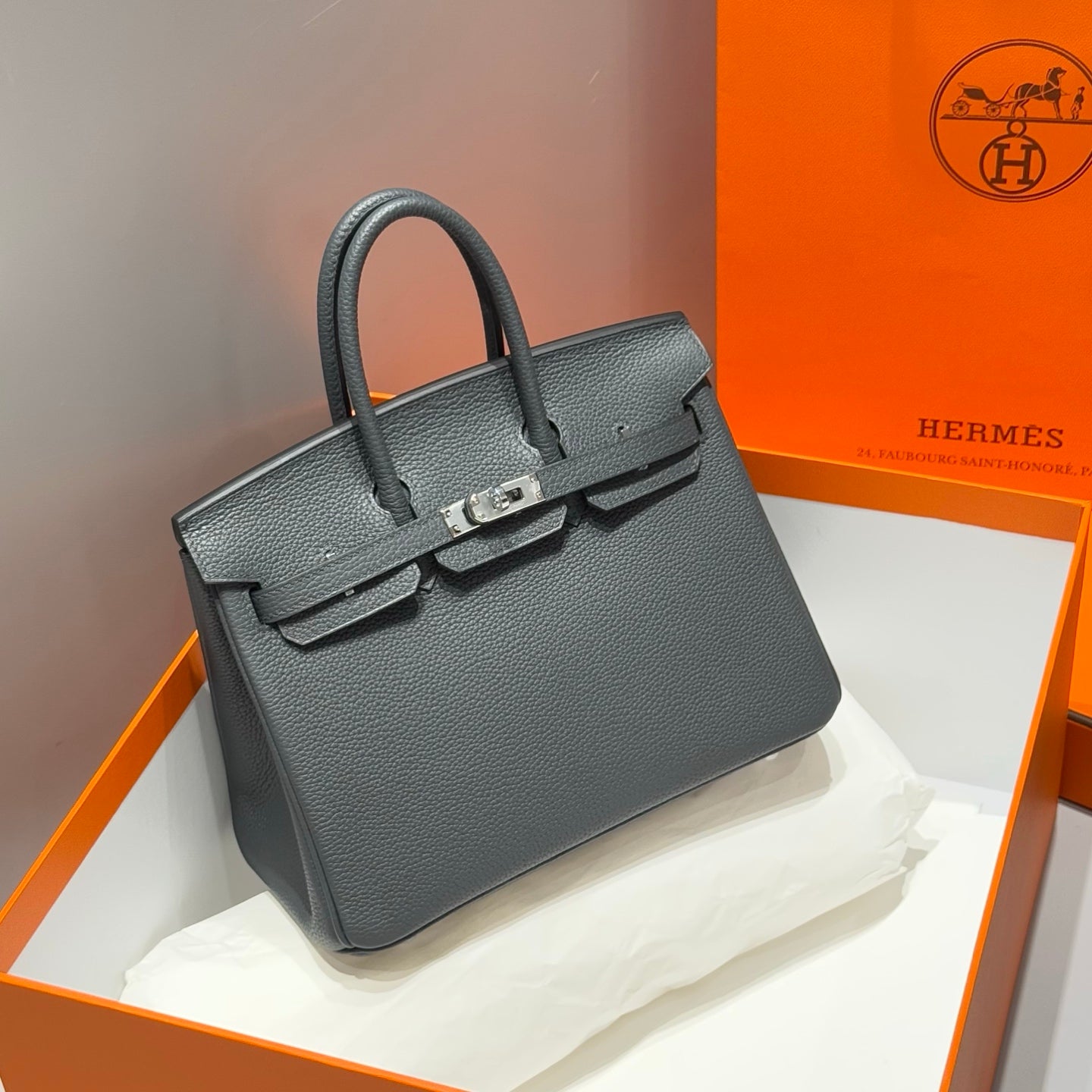 HERMES 25S MEDIUM BIRKIN 25 IN CHARCOAL GRAY CALFSKIN SILVER HARDWARE