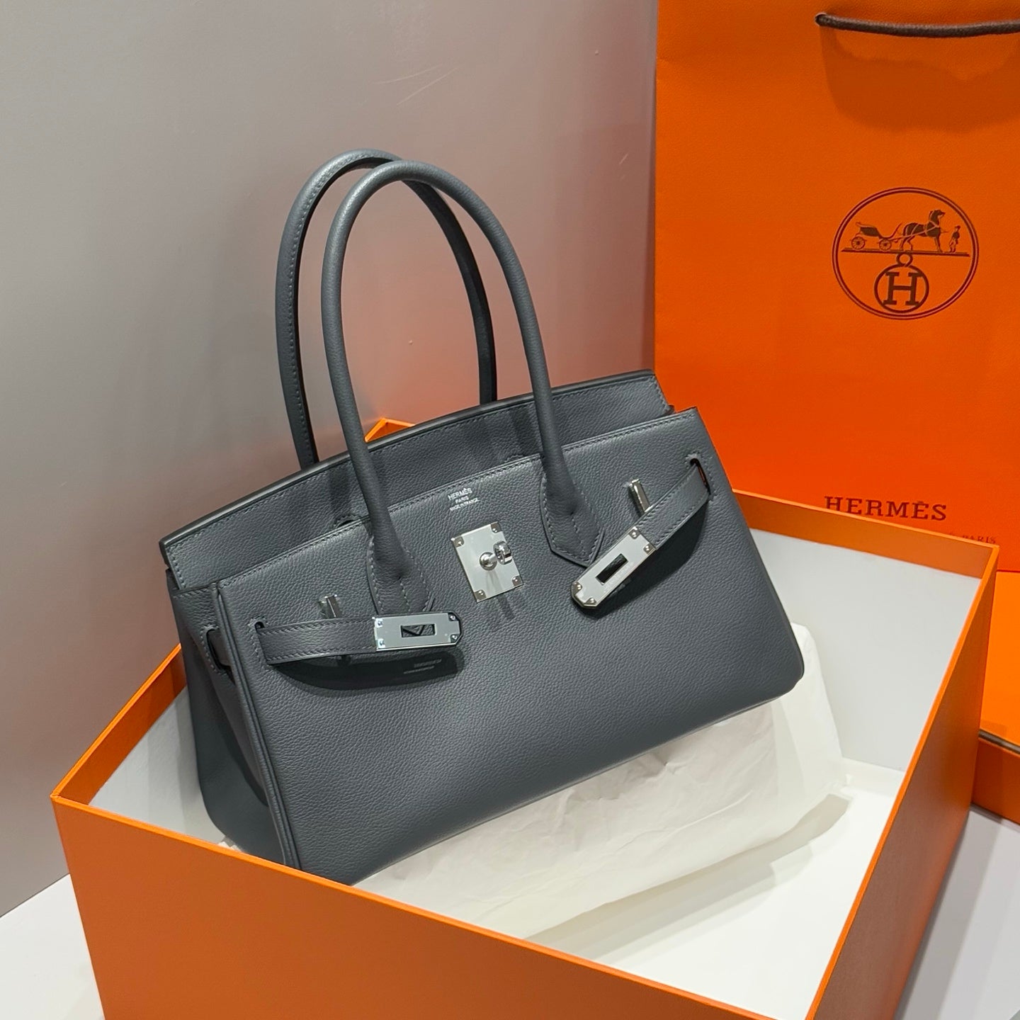 HERMES 25S SHOULDER BIRKIN 29 IN HAZE GRAY CALFSKIN SILVER HARDWARE