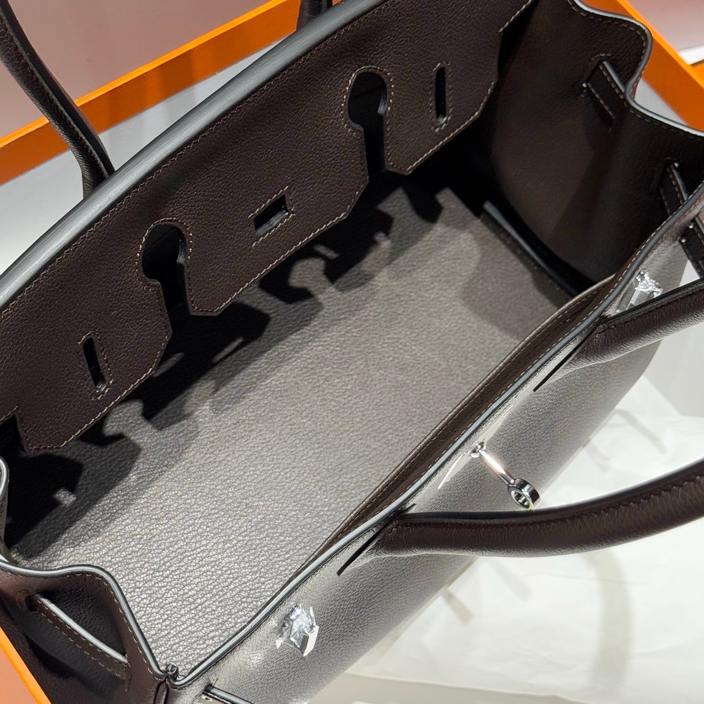 HERMES 25S SHOULDER BIRKIN 29 IN CHARCOAL BROWN CALFSKIN SILVER HARDWARE