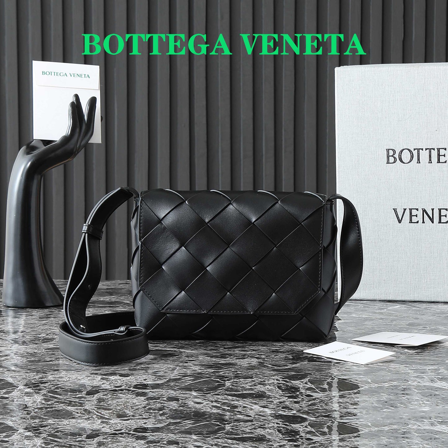 BOTTEGA VENETA 25S DIAGO 22 IN BLACK CALFSKIN PATENT SILVER HARDWARE
