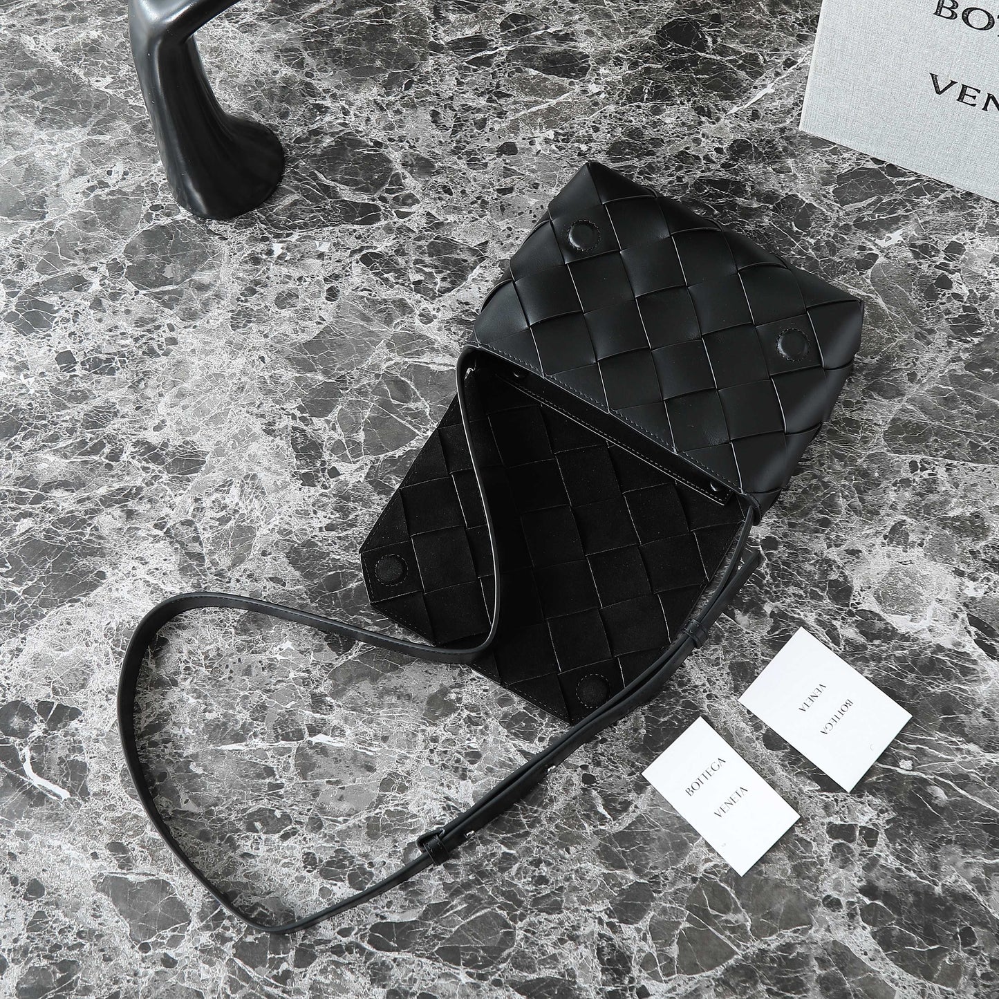 BOTTEGA VENETA 25S DIAGO 22 IN BLACK CALFSKIN PATENT SILVER HARDWARE