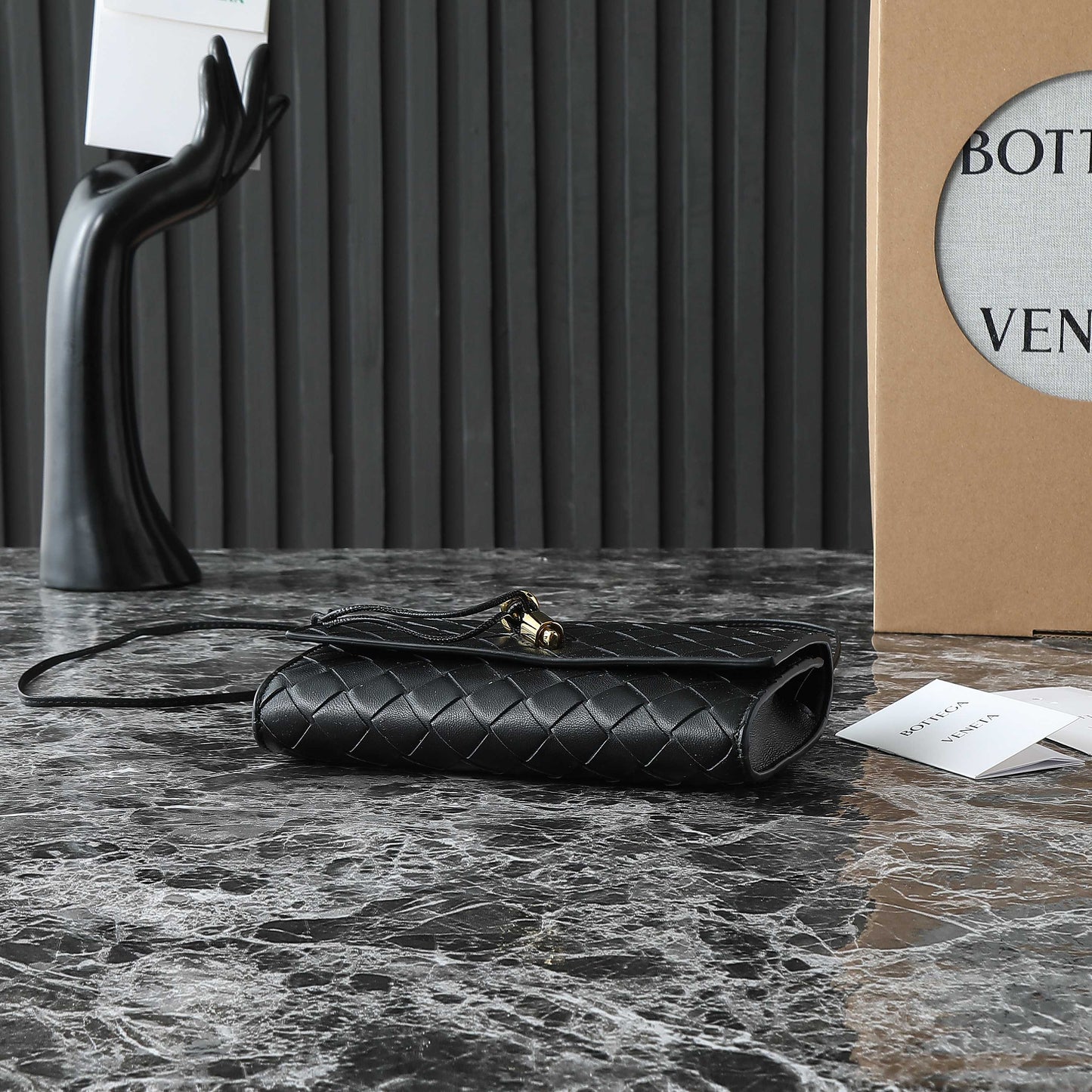 BOTTEGA VENETA 25S ANDIAMO POUCH 19 IN BLACK CALFSKIN GOLD HARDWARE