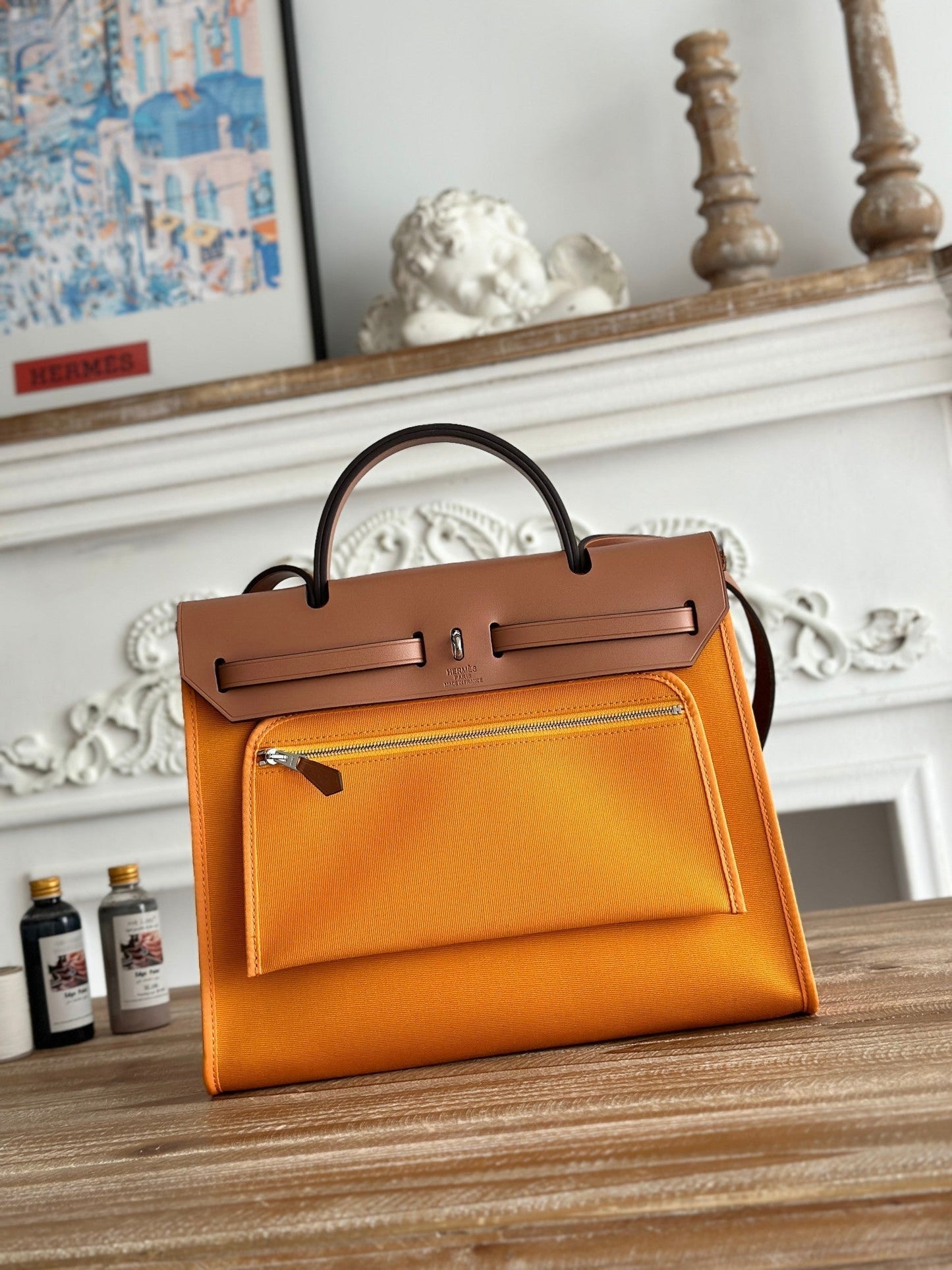 ZIP CABINE 31 BAG IN APRICOT ORANGE CANVAS AND BRONZE BROWN CALFSKIN