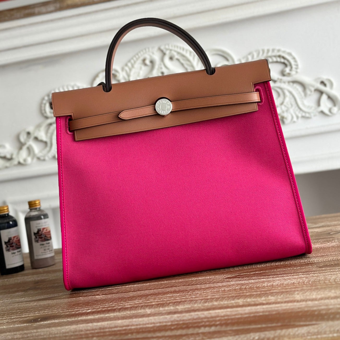 ZIP CABINE 31 BAG IN FUCHSIA PINK CANVAS AND BRONZE BROWN CALFSKIN