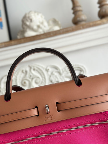 ZIP CABINE 31 BAG IN FUCHSIA PINK CANVAS AND BRONZE BROWN CALFSKIN