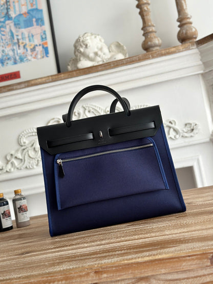 ZIP CABINE 31 BAG IN NAVY BLUE CANVAS AND BLACK CALFSKIN