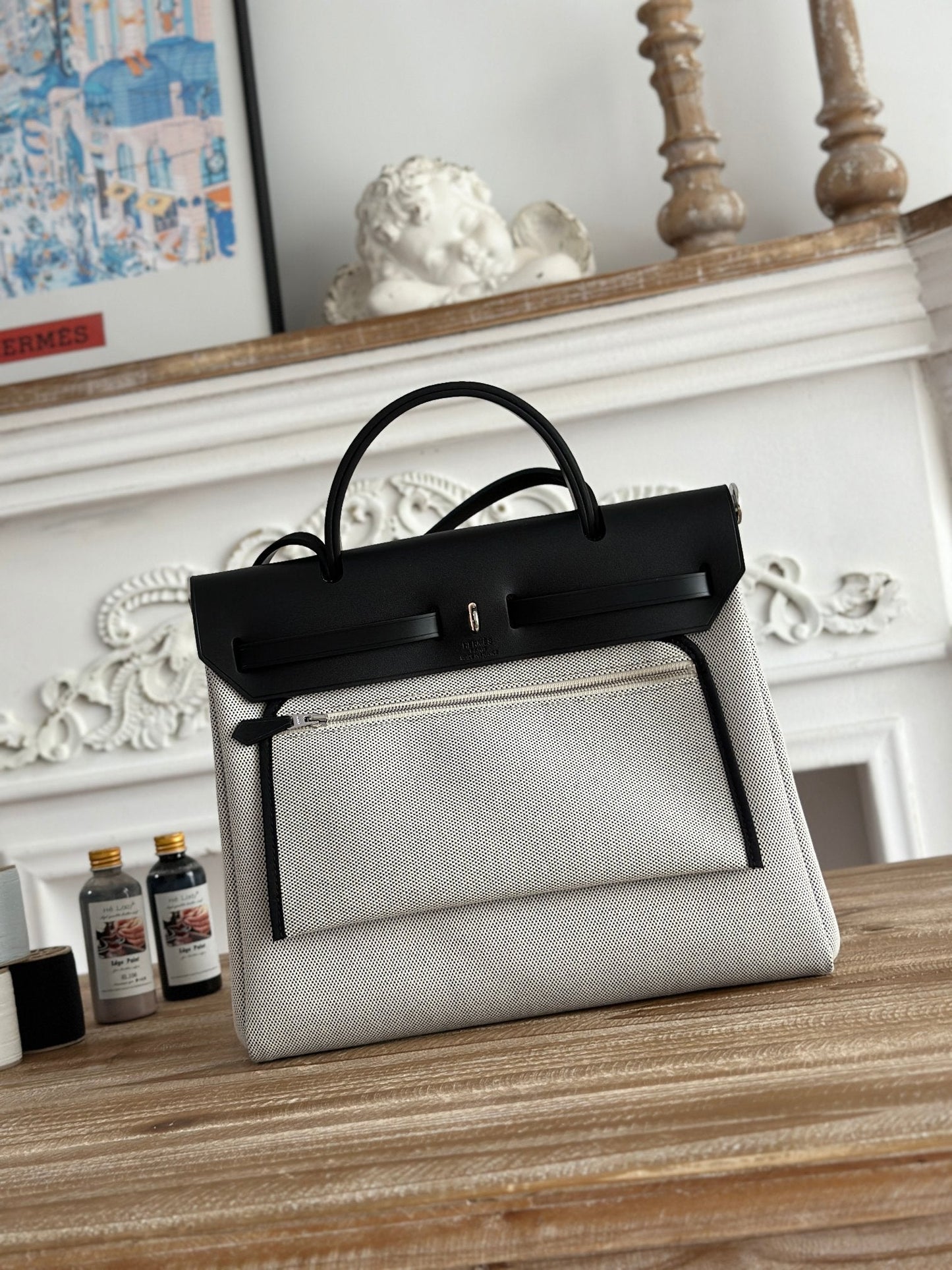 HERBAG ZIP 31 LAQUERED BAG IN OFF-WHITE MIX BLACK H PLUME CANVAS