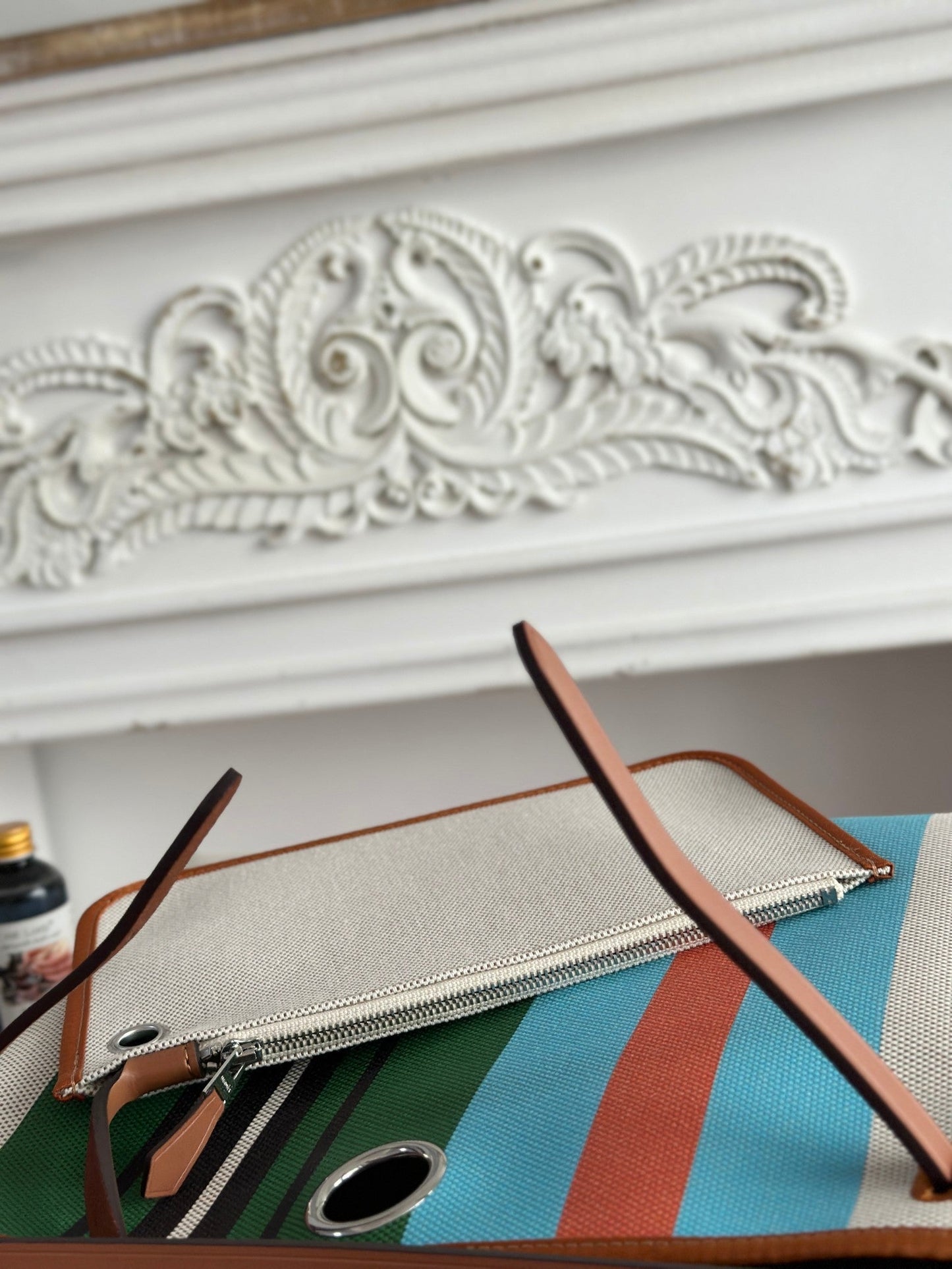 HERBAG ZIP 31 LAQUERED BAG IN GREEN MIX BLUE H PLUME CANVAS