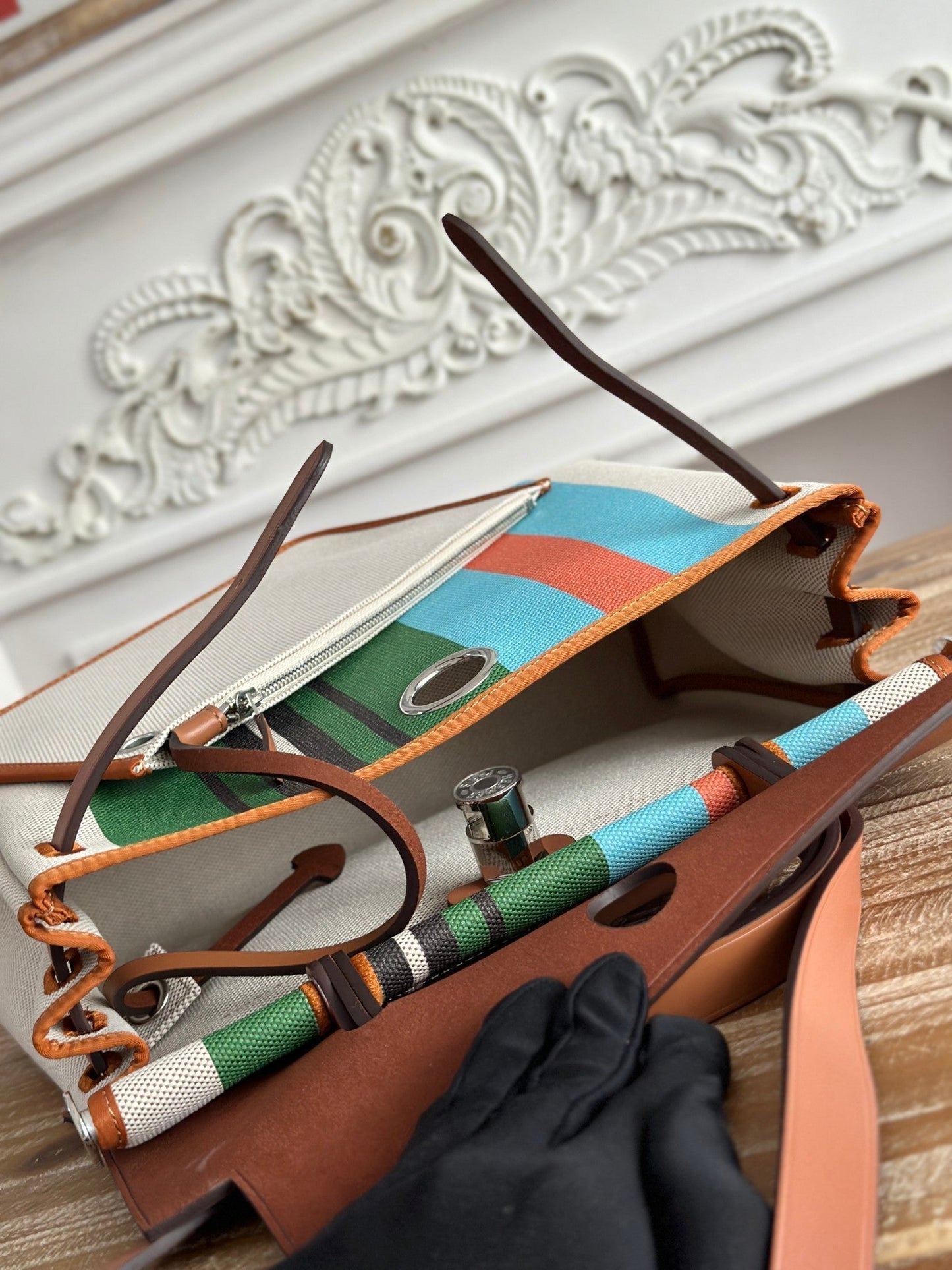 HERBAG ZIP 31 LAQUERED BAG IN GREEN MIX BLUE H PLUME CANVAS