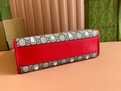 CHILDREN'S PRINTED RABBIT TOTE BAG 28.5 IN BEIGE AND DARK BROWN GG CANVAS RED TRIM